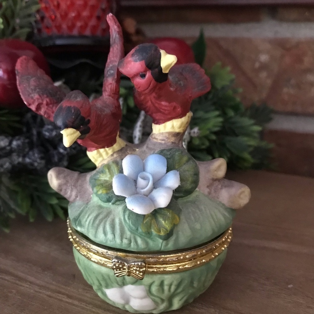 Rare Vintage Red Bird Miniature Gold Trinket Box